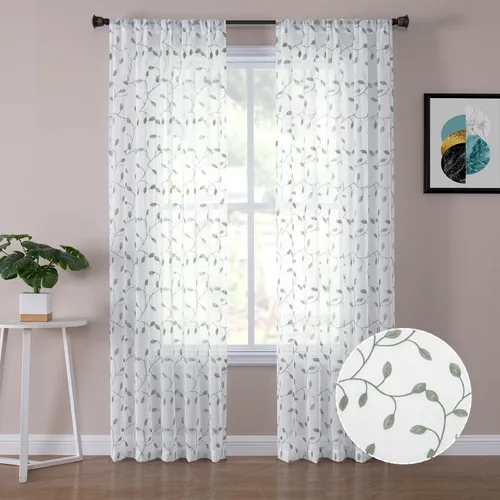 Miniatura 17 de Tollpiz Cortinas Cortas Transparentes de Hojas con Bordado de Hojas Grises, Cortinas de Dormitorio con Bolsillo para Barra, Voile de Lino Sintético
