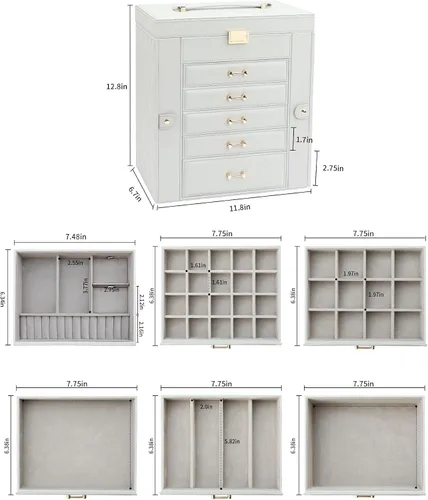 Miniatura 6 de V-LAFUYLIFE Joyero grande, organizador de joyas con 5 cajones, cajas de joyería de 6 niveles, organizador de joyas con espejo, cajas de joyería