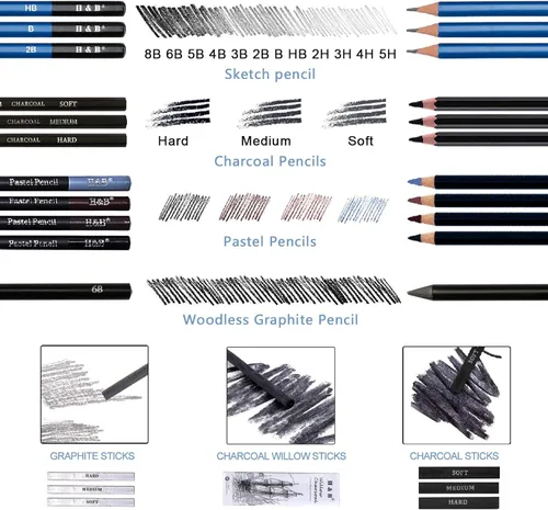 Miniatura 5 de H & B Kit de dibujo profesional de 40 piezas, kit completo de artista, incluye lápices de grafito, pasteles, sacapuntas y borrador