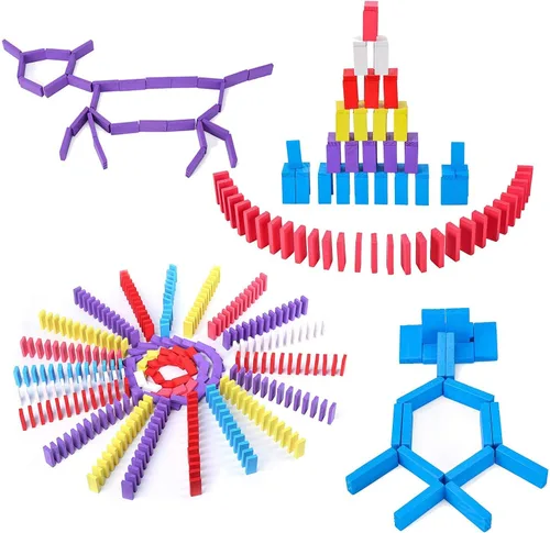 Miniatura 8 de Wondertoys Juego de 600 piezas de dominó para niños, bloques de construcción de madera, 6 colores, dominó a granel, juegos de azulejos de carreras