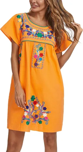 Miniatura 4 de YZXDORWJ - Vestido mexicano bordado de manga corta para mujer