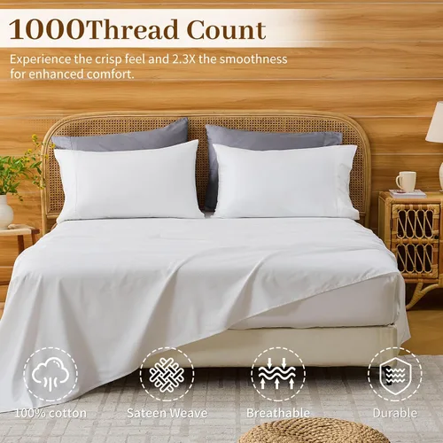 Miniatura 2 de Bedlifes Sábanas de algodón egipcio de 1000 hilos, tamaño King, 4 piezas con bolsillo profundo de 16 pulgadas, ropa de cama ultrasuave refrescante