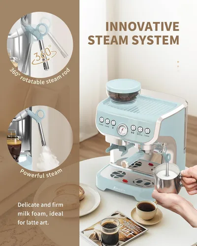 Miniatura 5 de Amaste Máquina de café expreso con molinillo, máquina de café expreso de 15 Bar con varilla de vapor para Latte y capuchino, tanque de agua de 68