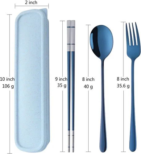 Miniatura 2 de Cubiertos de viaje portátiles, 3 piezas, cuchara, tenedor, palillos, acero inoxidable 18/10, con estuche y bolsa para la escuela, el trabajo