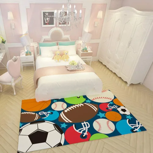 Miniatura 2 de HUAHOO Alfombra deportiva azul para niños, alfombra deportiva de nailon para niños y niñas, alfombra estampada con pelota de fútbol, baloncesto