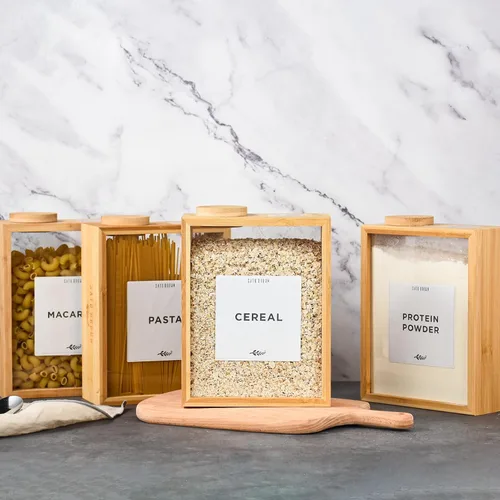 Miniatura 6 de Dispensador de almacenamiento de recipientes de cereales de cocina de bambú, organizadores herméticos de despensa de 3 litros con tapa, organización