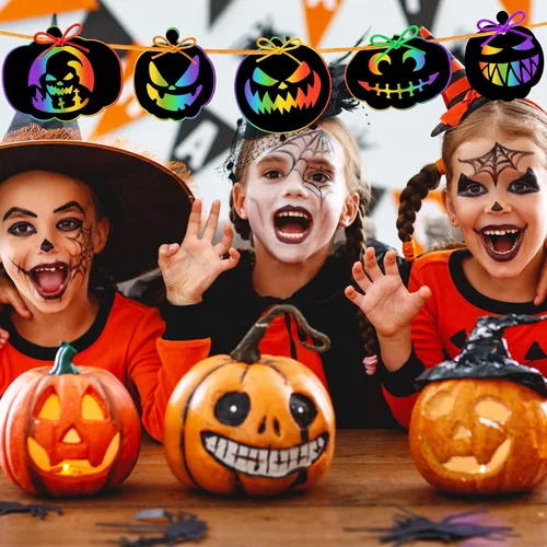 Miniatura 5 de JULMELON Kit de manualidades de papel para rascar de Halloween de 36 piezas, lote de calabazas de Halloween, arte mágico de arco iris para rascar