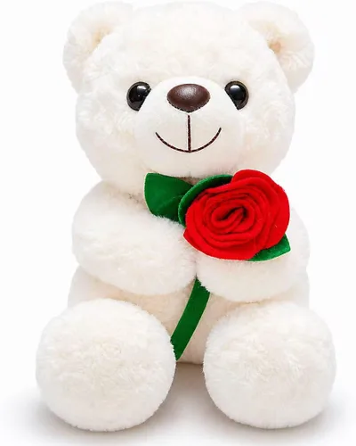 Oso de peluche blanco de 9.84 pulgadas con flor para niñas y niños, bonito oso de peluche, regalos del día de San Valentín para novia, recuerdos de
