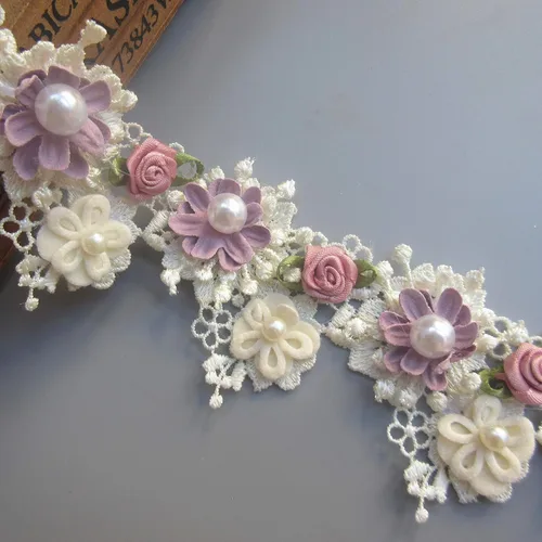 1 yarda flor de albaricoque perlas de borde de encaje cinta 2.2 in de ancho estilo vintage adornos de encaje ribete tela bordado apliques costura