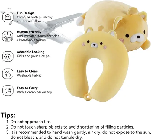 Miniatura 3 de Almohada de viaje para niños, almohada de cuello deformable 2 en 1 para niños, almohada suave en forma de U con adorable diseño de animales, cómodo
