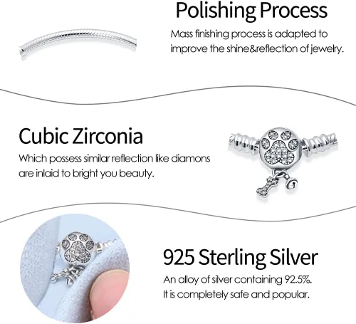 Miniatura 3 de KUNSIR Pulsera de cadena de serpiente de plata de ley 925 con circonita cúbica 5A, hebilla de garras linda compatible con dijes Pandora, pulseras
