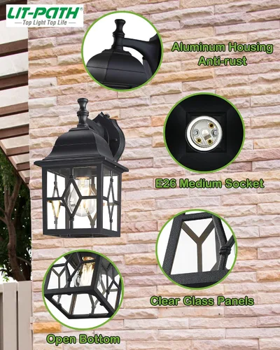 Miniatura 2 de LIT-PaTH Farol de pared para exteriores del atardecer al amanecer, lámpara de pared exterior grande negro mate, base E26, iluminación de porche