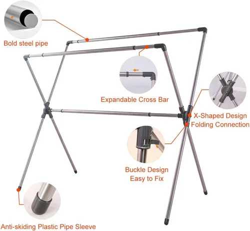 Miniatura 7 de BAOYOUNI Estante plegable de secado de ropa de acero inoxidable con doble poste, barras expandibles, ahorro de espacio, retráctil, resistente