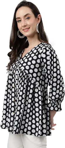 Miniatura 5 de Janasya Top Peplum de algodón negro con estampado de lunares para mujer india