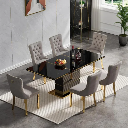Miniatura 9 de Juego de 5 mesas de comedor negras brillantes para 4, mesa de cocina moderna de madera de alto brillo con 4 sillas de terciopelo beige, mesas