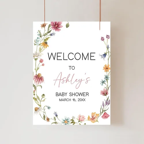 Letrero de bienvenida personalizado de flores silvestres para baby shower, letrero floral bohemio para baby shower, letrero con nombre personalizado