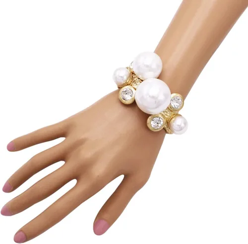 Miniatura 4 de Rosemarie & Jubalee - Pulsera de perlas de imitación extra grande para mujer, hecha para una declaración de sirena, brazalete con bisagra, Cristal
