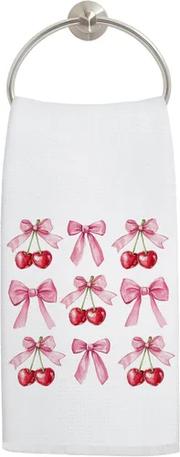 Coquette - Toallas de cocina de cereza con lazo rosa, toallas de mano de cereza femenina para decoración de baño, bonitos paños de cocina estéticos
