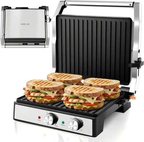 Miniatura 8 de KEINVE Parrilla eléctrica de 2 porciones y prensa Panini, revestimiento antiadherente resistente, bandeja de goteo atrapa grasa, color negro