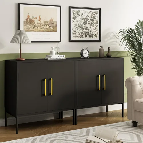 Miniatura 15 de JOZZBY Aparador de buffet con almacenamiento, gabinete de madera moderno con estantes ajustables, gabinetes negros y dorados para sala de estar