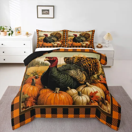 Miniatura 22 de Erosebridal Juego de edredón individual de pavo de Acción de Gracias, juego de ropa de cama de calabaza con hojas de otoño para niños y adultos