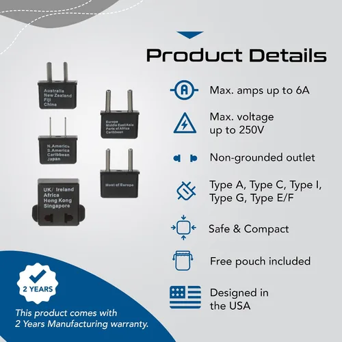 Miniatura 4 de Ceptics Adaptador de enchufe de viaje internacional de 5 piezas, ideal para teléfonos celulares, cargadores de batería, computadoras portátiles