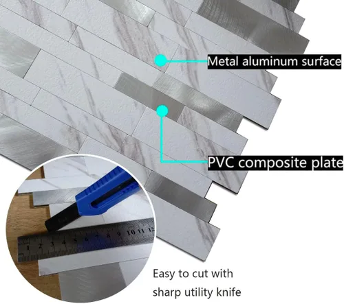 Miniatura 4 de XUANINY 10 hojas de azulejos metálicos despegar y pegar para protector contra salpicaduras, autoadhesivos de aluminio 3D, adhesivos de pared