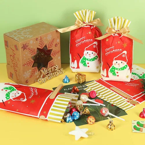 Miniatura 6 de HRX Package 50 bolsas de regalo de Navidad, 5.8x9x2.4 pulgadas, bolsas de golosinas con cordón de caramelos para regalos de comida, galletas de Rojo