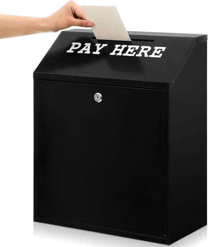 Miniatura 29 de Yaocom Caja fuerte de dinero para recolección de dinero, caja de donación de metal con cerradura para montaje en pared preperforado, buzón de Negro