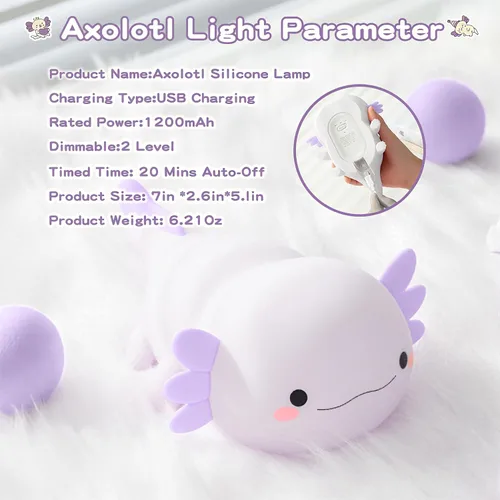 Miniatura 7 de FAMIDUO Axolotl - Luz nocturna para niños, bonita lámpara de ajolote morado, luz nocturna LED blanda para guardería, lámpara táctil de cabecera