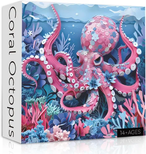 Miniatura 2 de Rompecabezas de pulpo oceánico para adultos de 1000 piezas, rompecabezas de animales marinos azul profundo, arte de papel coral colorido
