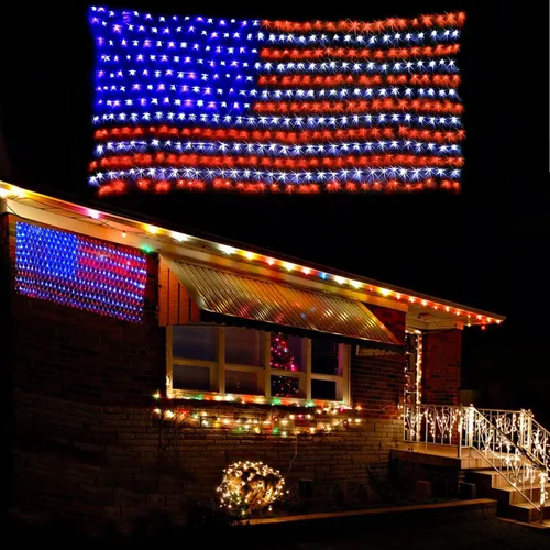 Miniatura 6 de Luces de red de bandera estadounidense, decoraciones del 4 de julio, 420 luces LED de bandera de Estados Unidos, adorno patriótico impermeable
