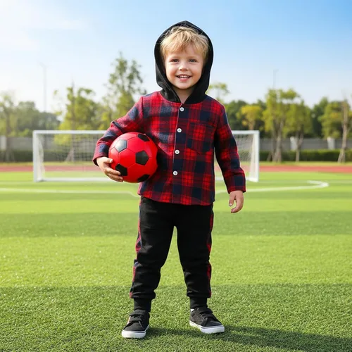 Miniatura 2 de Ropa para bebés y niños pequeños, conjuntos de otoño e invierno, con botones, camisa a cuadros con capucha y pantalones