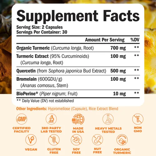 Miniatura 3 de Vimerson Health Suplemento de quercetina con bromelina y cúrcuma Boswellia - Potente dúo de apoyo para las articulaciones y el sistema inmunológico