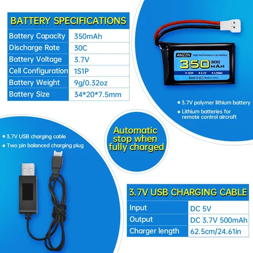 Miniatura 3 de 2 baterías Lipo de 3.7 V 350 mAh 1S con enchufe Molex y USB para Syma X11C WLToys V911S RC Drone, XK A150 BF-109 FX651 FX621 Z60 Jet F-16 F-22 F-35