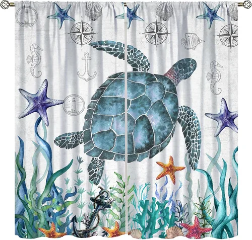 Miniatura 9 de Cortinas de decoración de playa con océano azul, peces náuticos costeros playeros de verano, conchas marinas, temática infantil, dormitorio, sala