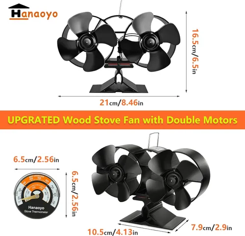 Miniatura 5 de Hanaoyo Ventilador de estufa de leña con motores dobles, ventilador de estufa de leña de 12 aspas, alimentado por calor, ventilador de chimenea
