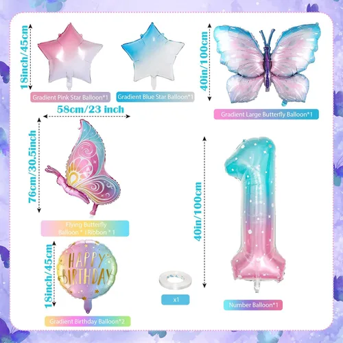Miniatura 2 de Decoraciones de cumpleaños de mariposa, globos de mariposa, decoraciones de fiesta de primer cumpleaños para niñas, números de fantasía, 1 globo