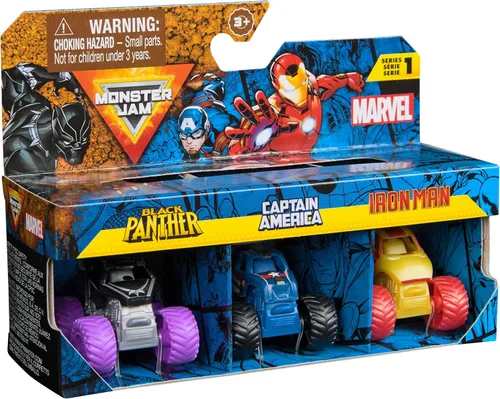 Miniatura 9 de Monster Jam Marvel - Juego de 3 mini camiones con Black Panther, Capitán América, Iron Man, escala 1:87, robusto y con detalles geniales