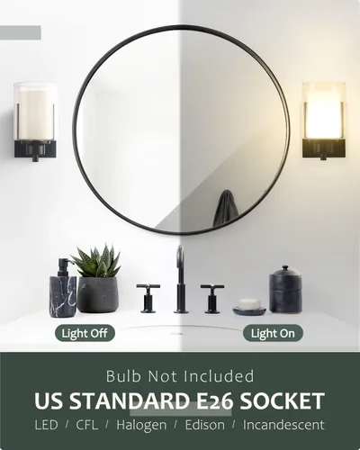 Miniatura 3 de Paquete de 2 Luminarias de Tocador de Baño de 1 Luz, Luz de Pared Negra para Interiores con Pantalla de Vidrio Dual, Aplique de Pared de Baño