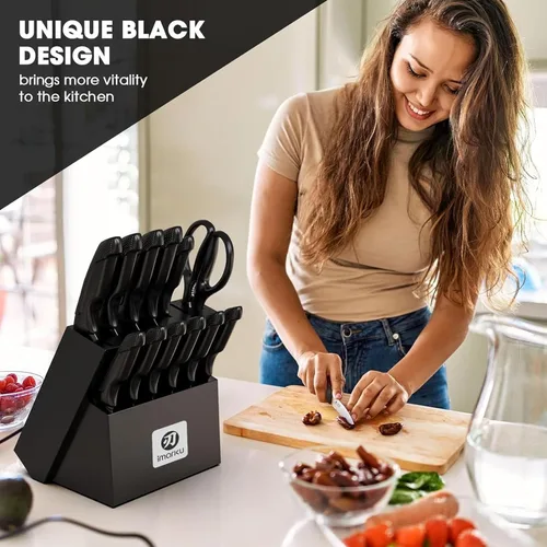 Miniatura 8 de imarku Juego de cuchillos con bloque, juego de cuchillos afilados con afilador integrado, juegos de cuchillos de cocina de acero inoxidable con Negro