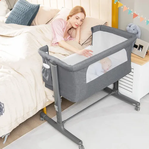 Miniatura 9 de BABY JOY Cuna plegable 3 en 1 con altura ajustable, colchón, ruedas bloqueables, bolsillo de almacenamiento y bolsa de transporte para recién Beige