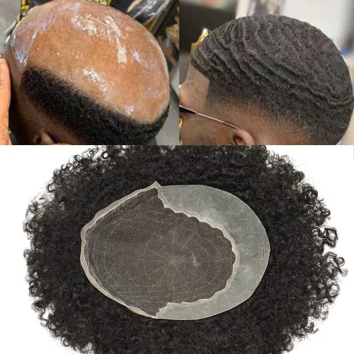LYRICAL HAIR Afro Kinky Curly Toupee – Cabello humano brasileño para hombre Toupee HD encaje frontal – Afro Americano Hombres Afro Ondulado Sistema