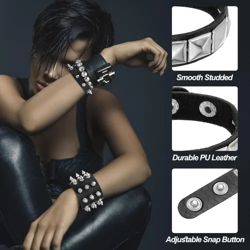 Miniatura 3 de MECCANIXITY 2 pulseras punk de cuero de 8.7 pulgadas/8.7 in en capas de remaches cuadrados, pulseras