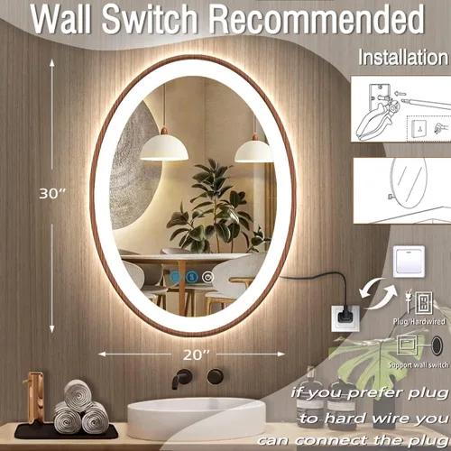 Miniatura 2 de Espejo de madera ovalado LED de 20 x 30 pulgadas con marco de madera clara, espejo de tocador iluminado ovalado con luces para baño, memoria 30 x 20
