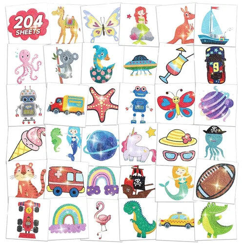EMOME 204 hojas de tatuajes con purpurina para niños, tatuajes temporales envueltos individualmente para niñas y niños, calcomanías de tatuaje falso