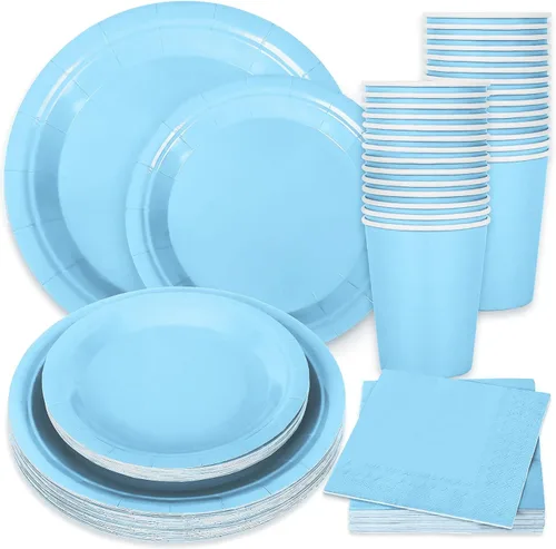 Whaline Juego de vajilla azul claro de 100 piezas, suministros de fiesta de graudación azul, juego de vajilla desechable de verano, 50 platos de