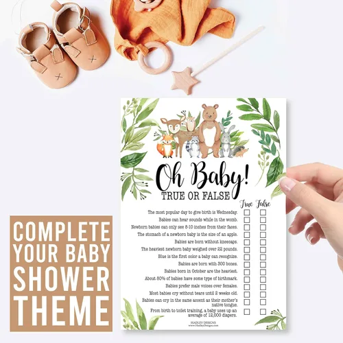 Miniatura 9 de Hadley Designs Juegos de baby shower para 25 invitados – Woodland Baby Shower Juego de palabras Scramble, verdadero o falso, juego de baby shower
