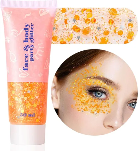 MEICOLY Cuerpo y Cara Glitter Naranja, Gel de Purpurina Brillante para Cabello y Cara, Pintura Facial Glitter de Lentejuelas Sirena para Maquillaje