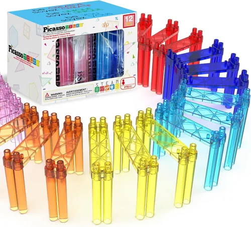 Miniatura 11 de PicassoTiles Juego de construcción de pista de carreras de 100 piezas magnéticas con coches LED, carreteras ajustables y señales, kit de juguete